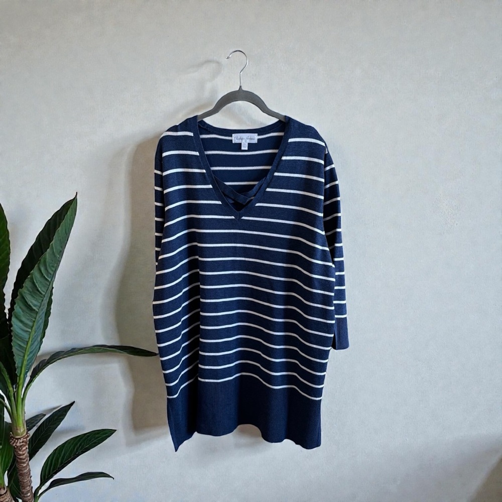 Navy and White Striped V-Neck Sweater